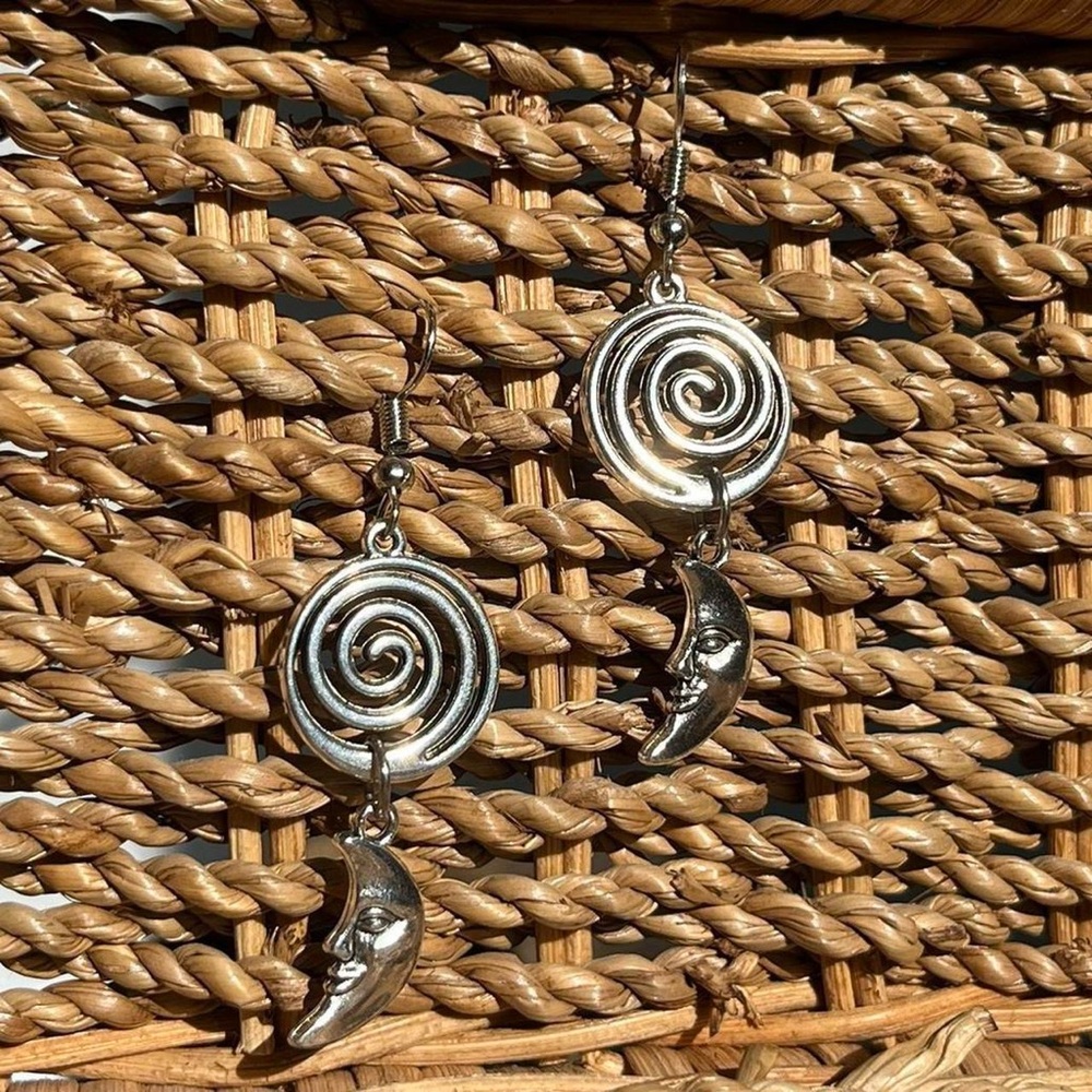Silver Spiral Moon Earrings